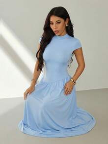 SHEIN PETITE Women's Summer Simple Solid Color Pleated A-Line Dress,Summer Dresses For Women - Baby Blue - View 4