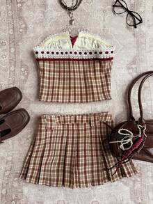 Attitoon 复古格纹撞色蕾丝边天鹅绒系带上衣和超低腰两件套女装 - 棕色 - 查看 2