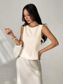 SHEIN PETITE Áo đen thời trang mùa hè dành cho nữ, thiết kế cao cấp - Màu be - Xem 5