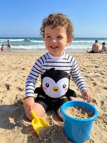 SHEIN Baby Boy Cute Penguin Pattern Raglan Sleeve Rash Guard & Swim Trunks Set,Kids - Multicolor - View 5