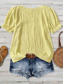 SHEIN VCAY Plus Size Summer Casual Solid Color Puff Sleeve Shirt - Light Yellow - View 2