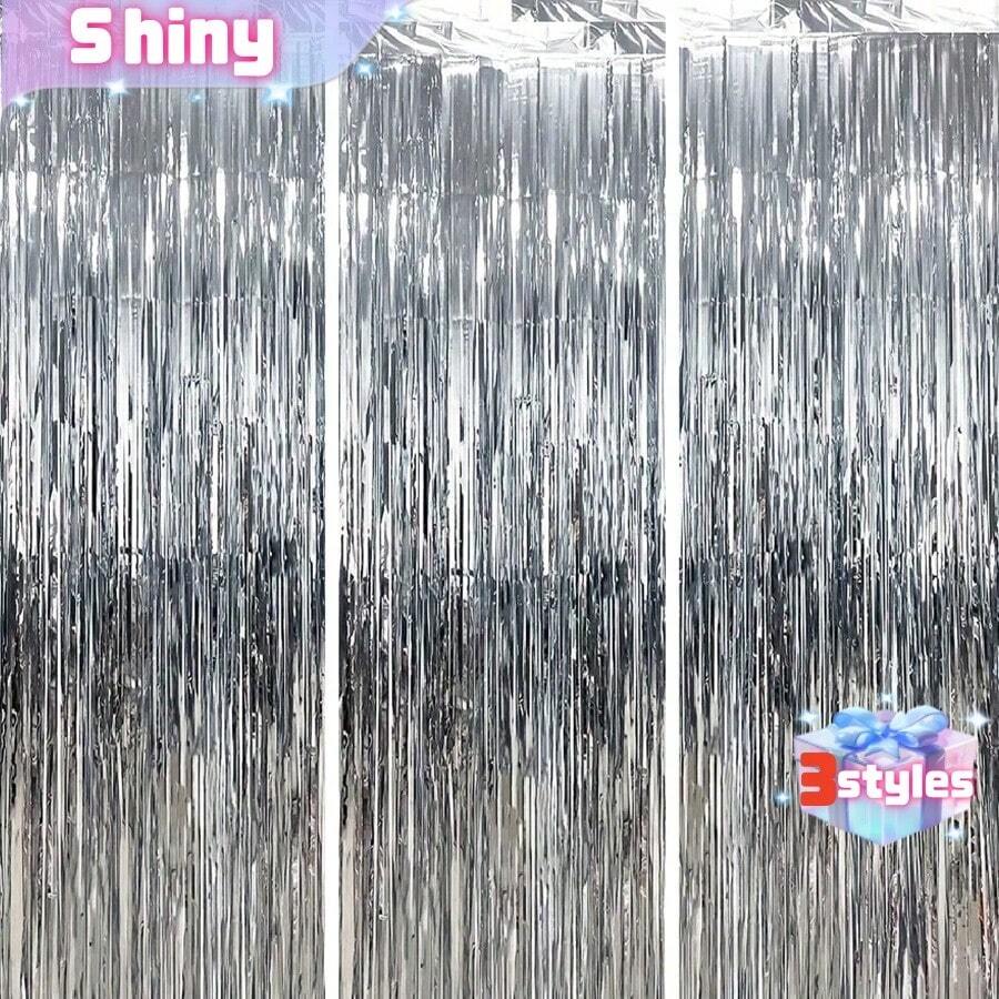 3pcs/Set 100*200cm Silver Tassel Ribbons, Party Decor Curtain, Shiny Metallic Texture Design, Suitable For Photography Studio Props, Birthday Party, Bridal Shower, Wedding, Any Holiday Decoration, Christmas Decor, Backdrop, Party Decoration - silver - View 1