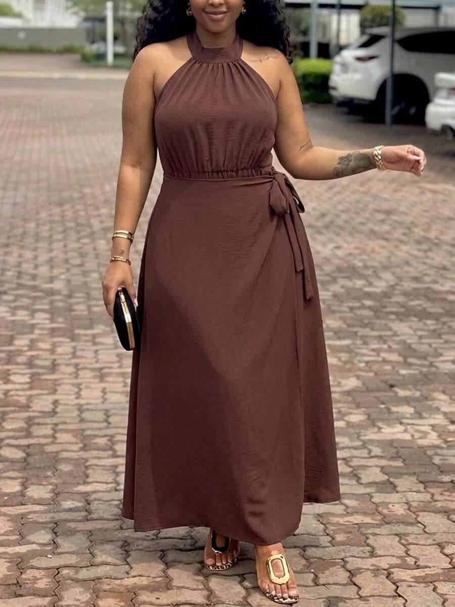 Veslaya Damen-Midi-Wickelkleid in Große Größen, schokoladenbraun, elegant für den Sommer, mit Stehkragen, ärmellos und Bindegürtel, Hochzeitsgast-Party-Bankett-Urlaubskleid