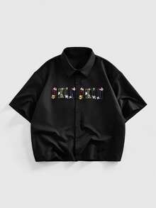 ROMWE MEN Men's Minimalist Printed Short Sleeve Shirt - Black - View 2