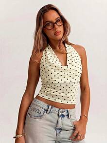 SHEIN BAE Áo tank top dáng suông cổ bèo màu nâu, chất liệu lưới, thích hợp mặc đi phố, đi làm, dạo phố, hẹn hò, tụ họp bạn bè, đi nghỉ mát ở Ý, và nhiều dịp khác. - Màu be - Xem 3