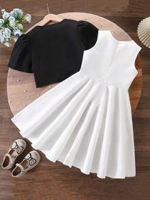 SHEIN ChillGRL Girls Elegant Floral Decor Top And Dress 2 Pieces Set, Suitable For Daily Outing And Vacation - Black and White - View 2