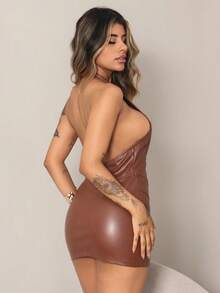 Rayane Ketlyn 深 V 领挂脖拉链前开合紧身迷你 PU 皮革连衣裙 - 棕色 - 查看 6