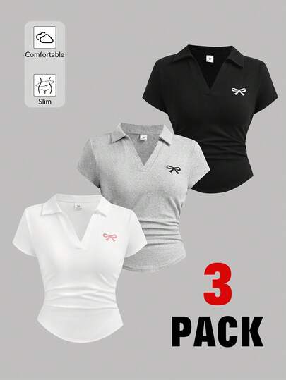 SHEIN Girlism 3件装黑/白/灰百搭方领V领短袖T恤，设计师款夏季休闲polo衫，修身腰部剪裁，清新少女风，蝴蝶结刺绣纯色休闲polo衫
