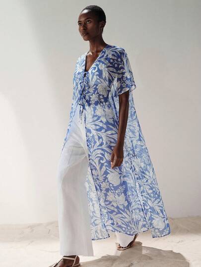 Aveloria Modichic Women's Chiffon And See-Through Tulle Fabric H-Line Long Straight And Wide-Leg Fit Tie-Front Ruched V-Neck All-Over Plant Print Slit Placket And High-Waist Cut Design Elegant Artistic Vacation Style Blue Maxi Dress Vacation Outfits For Women Elegant Women's Set Beach Outfit For Women Blue Dress For Women