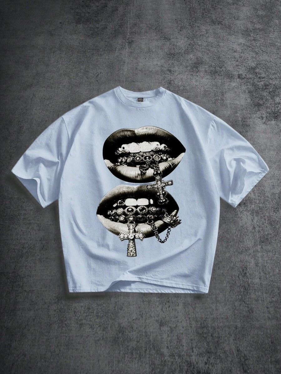 Manfinity ZONE917 浅蓝色宽松男士短袖T恤 - 霧霾藍 - 查看 1