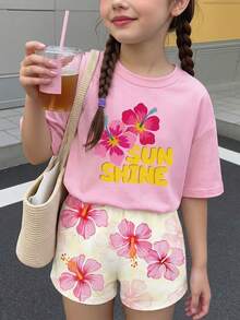 女童碎花T恤短裤套装，休闲假日装 - 粉色 - 查看 9