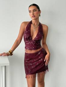 Siren Gaze 女士亮片装饰时尚半身裙 - 紅色 - 查看 3