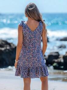 Sylviya 女士休闲碎花V领系带短裙，夏季连衣裙，度假连衣裙，女士休闲夏季连衣裙，女士夏季度假装，女士度假连衣裙，无袖荷叶边连衣裙，碎花短裙 - 寶藍色 - 查看 2