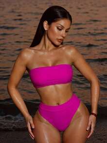 Conjunto De Traje De Baño De Dos Piezas De Color Liso - Rosa Fucsia - Ver 5