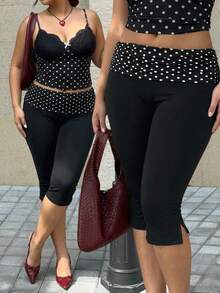 GalTyme Plus Size Women's Waist Patchwork Polka Dot Pattern Leggings, Spring/Summer - Multicolor - View 1