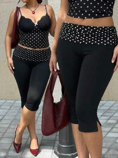 Muchica Plus Size Women's Waist Patchwork Polka Dot Pattern Leggings, Spring/Summer