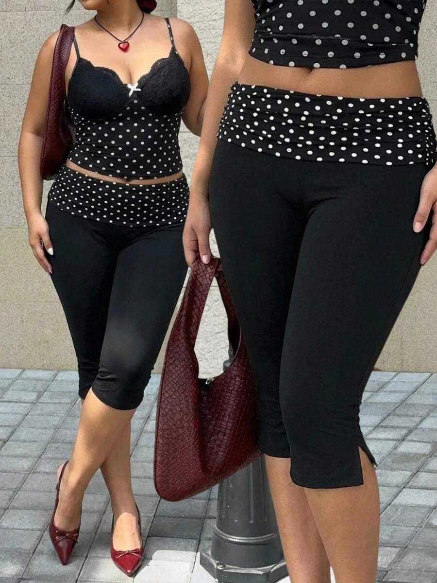 GalTyme Plus Size Women's Waist Patchwork Polka Dot Pattern Leggings, Spring/Summer - Multicolor - View 1