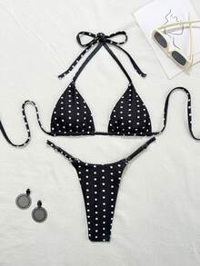 Swim Mod 2pcs Polka Dot Print Sexy Bikini Set, Micro Triangle Briefs, Summer - Black and White - View 7