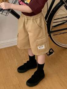 DAZY Pantalones cortos de mezclilla casuales con bolsillos parche para niño pequeño, verano - Caqui - Ver 5