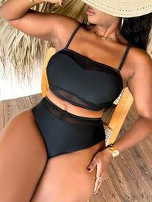 Slaydiva Set Pakaian Renang Bikini dan Celana Dalam Segitiga Kasual Warna Polos untuk Wanita Ukuran Besar di Pantai Musim Panas - Hitam - View 4