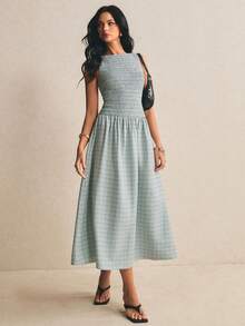 Poéselle Đầm dài dự tiệc thanh lịch dành cho nữ, họa tiết kẻ caro ghép mảnh, xếp ly, thắt eo. - màu xanh lá - Xem 7