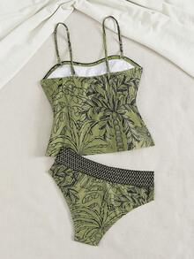 Swim Lushoire 女士成熟度假时尚优雅夏季沙滩轻奢波西米亚风黑色线条热带棕榈叶印花抹胸吊带比基尼上衣，饰有编织带饰边拼接设计，搭配黑色和银色交织带高腰比基尼下装，两件式泳衣套装，吊带背心比基尼套装，成熟性感，适合度假、春假、秋季节日、春季促销、海滩度假风。波西米亚风比基尼套装。热带棕榈叶印花比基尼。海岸风情。 - 彩色 - 查看 8