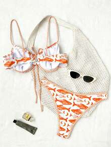 Swim Mod Cute Girl's Beach Outfit, Fish Print, Plaid Strap With Trim Design, Drawstring Bow Accent, Backless Elegant Bikini Two Pieces Set For Daily Beach Party, Casual Vacation - Multicolor - View 2