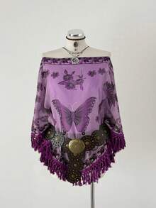 Sunspun Áo choàng Poncho kiểu dáng Boho thanh lịch mới, chất liệu chiffon nhăn, in họa tiết phối hợp, viền tua rua, thích hợp cho kỳ nghỉ Xuân/Hè/Thu. - Màu tím - Xem 7