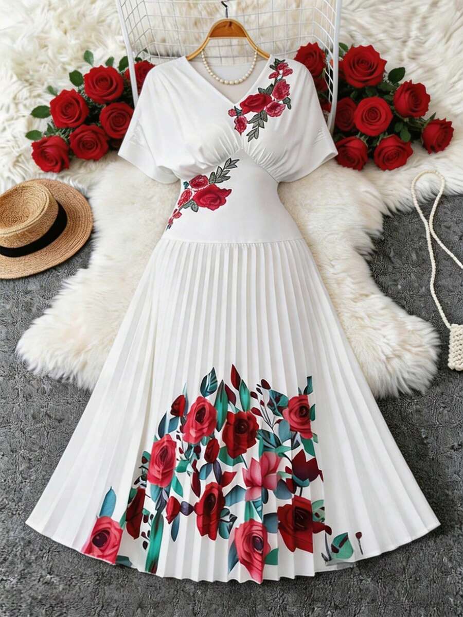 Elenzga Đầm in hoa hồng cổ chữ V thanh lịch và tinh tế với phần eo xếp ly tạo hiệu ứng thon gọn. Đầm trắng thanh lịch, đầm in hoa, đầm hoa trắng, đầm xếp ly, đầm dài họa tiết hoa cho nữ, đầm in hoa hồng trắng, đầm hè xếp ly, đầm hoa mùa xuân, đầm thanh lịch cho nữ. - màu đen - Xem 1