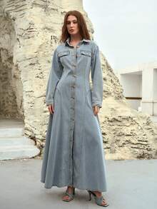 MOTF PREMIUM WOMEN'S FRONT BUTTON DROP SHOULDER DENIM DRESS - Baby Blue - View 4