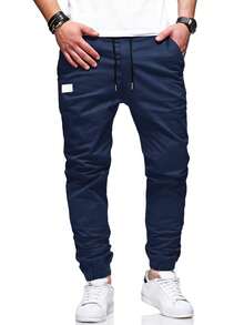 Manfinity Homme Pantalones con bolsillo parche, cintura con cordón y bolsillo en diagonal para hombres - Azul Marino - Ver 5