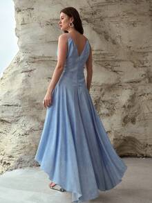 MOTF PREMIUM WOMEN'S ASYMMETRIC HEM PRINTED LINEN DRESS, DENIM EFFECT PRINT, SPRING/SUMMER - Sky Blue - View 4