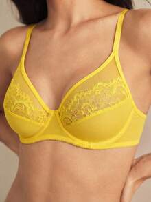 SHEIN Elegant Full Coverage Lace & Mesh Floral Lace Romantic Charming Underwire Bra Yellow Lace Bra Yellow Bra Cute Bra - Yellow - View 2
