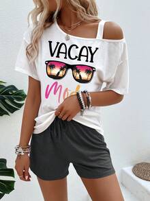 SHEIN LUNE Bộ đồ nữ gồm áo và quần short in chữ và kính, kiểu dáng thường ngày. - Nhiều màu - Xem 3