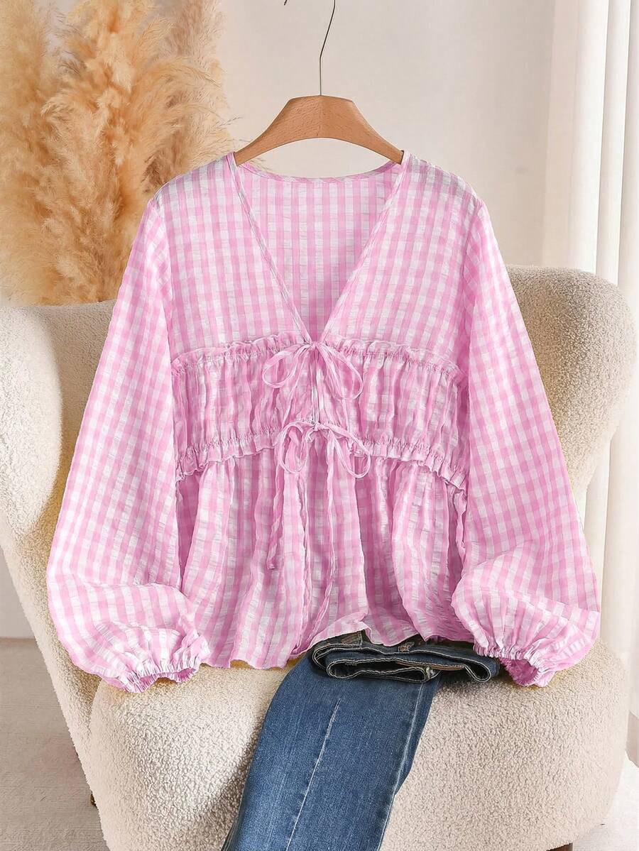 CosyJoli Plus Size Women Shirred Lantern Sleeve Tie-Waist Plaid Shirt - Pink - View 1