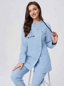 Scrubzie Anti-Wrinkle Stand Collar Long Sleeve Women's Scrub Uniform Top And Pants Set - Baby Blue - View 6