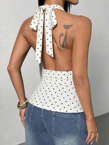 SHEIN PETITE Deep V-Neck Backless Polka Dot Camisole With Waist Cinching A-Line Hem,Summer Top - White - View 5