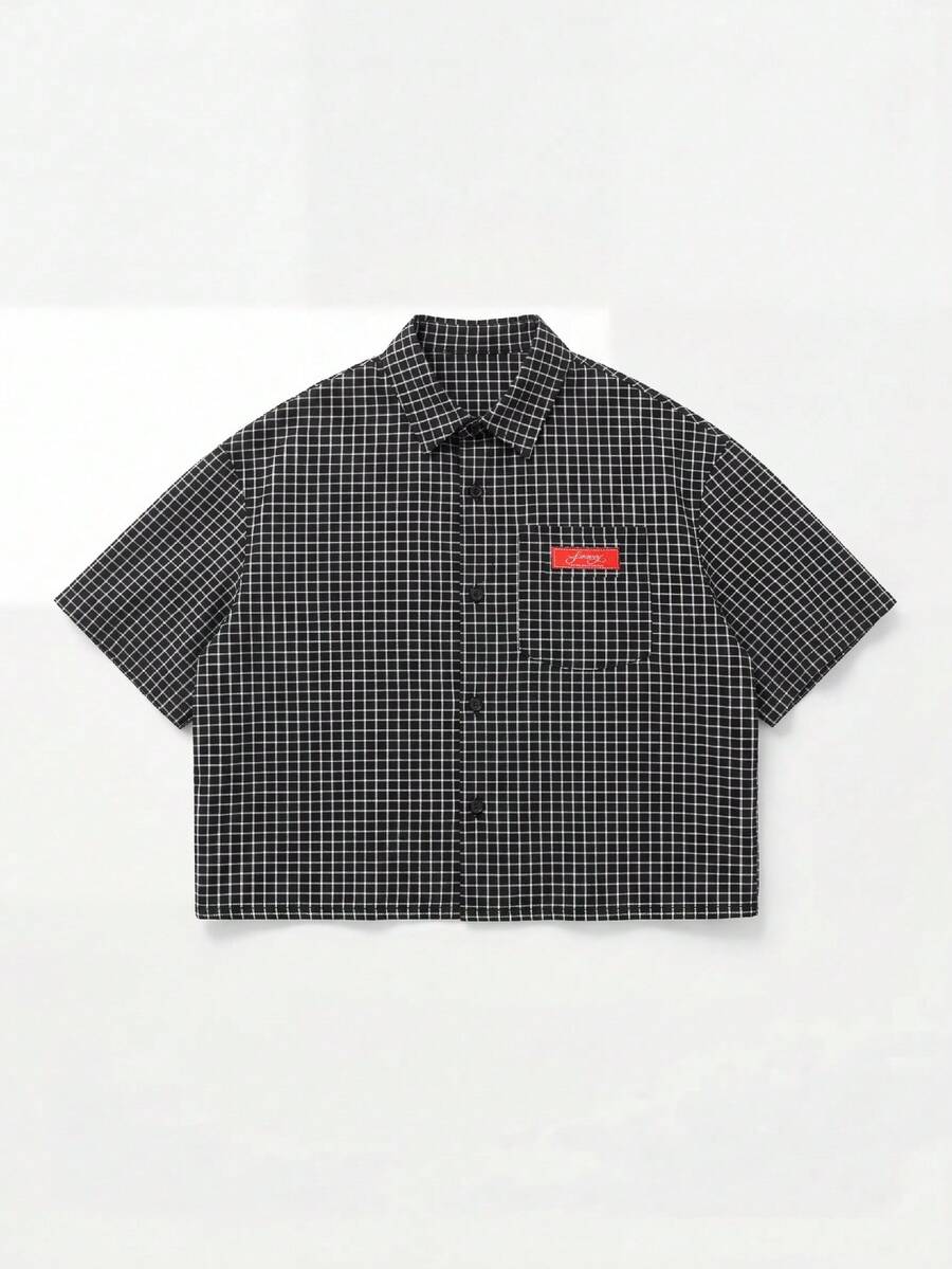SWAVVY 男士时尚格子短袖衬衫，春夏款 - 黑色 - 查看 1