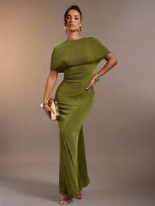 Hauture Women's Sexy High Neck Ruched Maxi Dress With Stylish Ring Decor - Olive Green - View 2