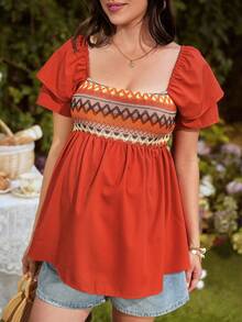 SHEIN Geometric Pattern Ruffle Sleeve A-Line Maternity Blouse For Women - Orange - View 1