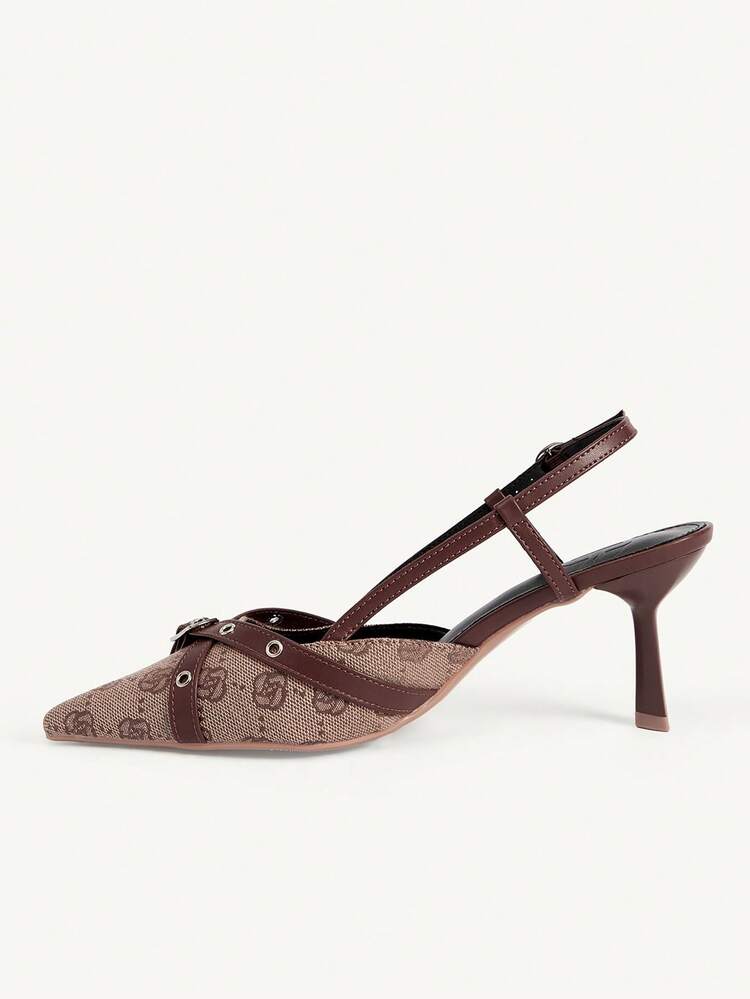 CUCCOO CHICEST Women Shoes 2026 Vintage Printed Metal Buckle Tipped Heel 7.2cm Sexy Wind Brown Closed Toe Women's High Heel Sandals Commuting Elegant Dating Women's High Heel Shoes