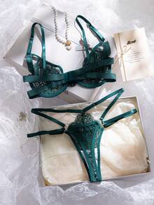 2 piezas Conjunto de sujetador de encaje con aros naranja, fresco y juvenil - Verde Oscuro - Ver 2