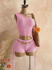 Soleia Women's Vacation Casual Asymmetric-Shoulder Sweater Vest & Shorts 2 Pieces Set - Pink - View 1