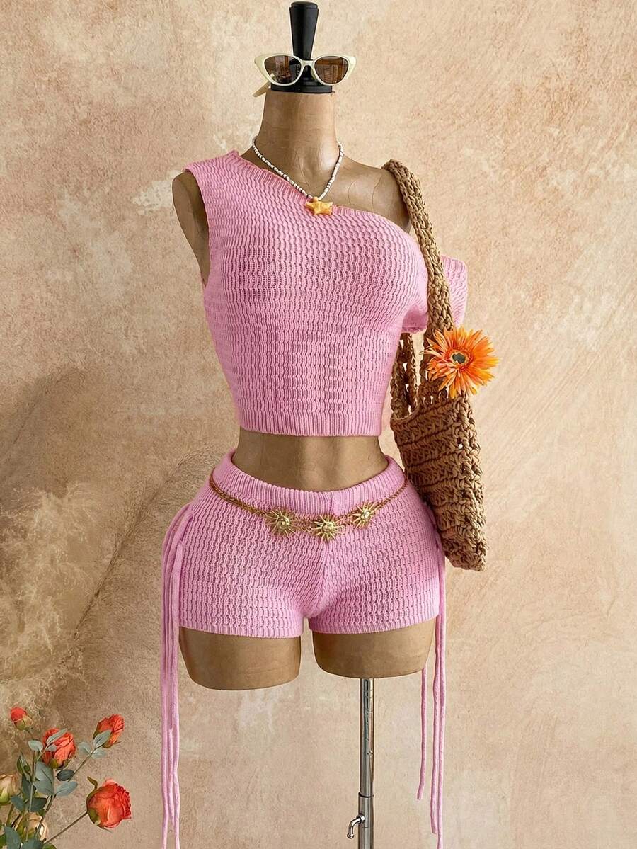 Soleia Women's Vacation Casual Asymmetric-Shoulder Sweater Vest & Shorts 2 Pieces Set - Pink - View 1