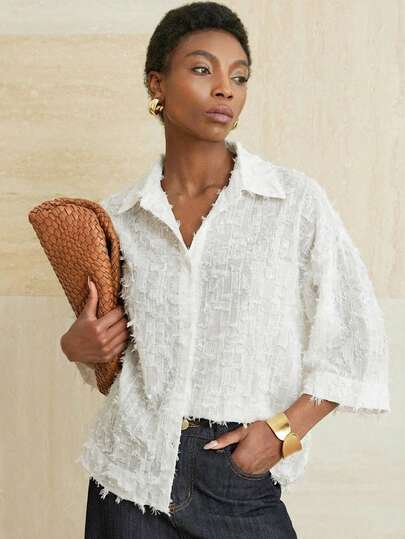 Aveloria Modichic Olive Green 7/8 Sleeve Shirt, Minimalist Tailoring, Loose Fit, Classic Lapel Collar, Comfortable To Wear