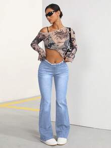 SHEIN ICON 女士毛边修身喇叭浅蓝色牛仔裤，夏季款 - 淺色水洗藍 - 查看 4