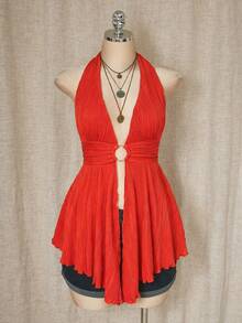 SHEIN ICON Áo hai dây dệt kim kiểu babydoll cổ yếm, dáng Y2K khoét rỗng, vạt bất đối xứng, cỡ lớn. - trái cam - Xem 7