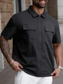 Manfinity Homme Plus Size Men's Casual Zipper Short Sleeve Shirt Jacket, Minimalist Design For Daily Wear - Dark Grey - View 5