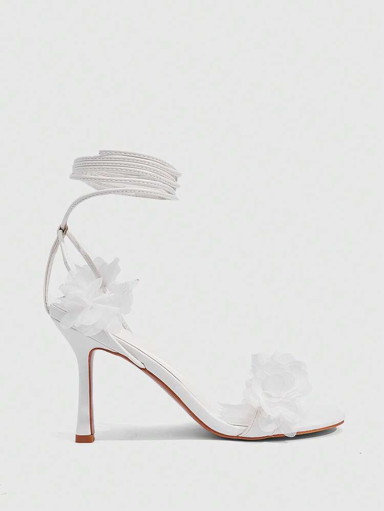 CUCCOO SZL Women Shoes White PU Bouquet Decoration Fashionable Sexy Wedding Strap Round Toe High Heel Sandals Prom Heels
