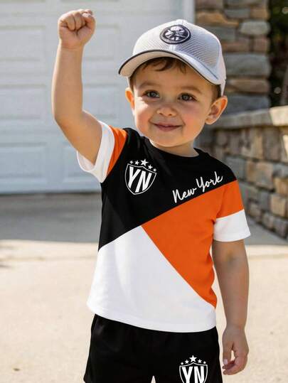 SHEIN Young Boy Short Sleeve T-Shirt, Casual & Minimalist, Suitable For Summer, Classic Cool Logo Graphic Print, Classic City Name Text Graphic Print, Classic Geometric Pattern Print, Suitable For School, Suitable For Spring & Summer